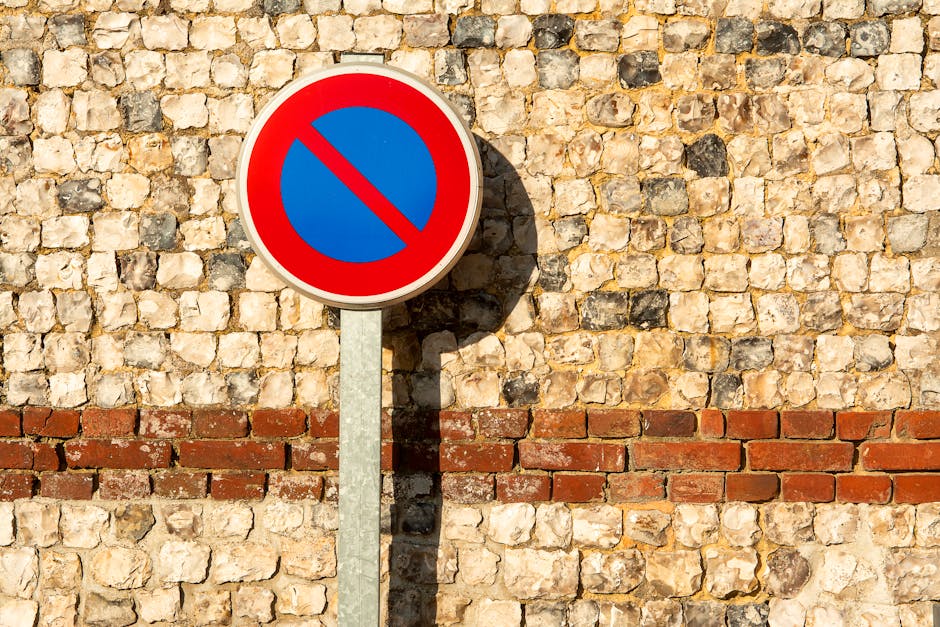 A circular no parking traffic sign with a red border and blue center featuring a red slash, mounted on a metallic pole casting a shadow on a textured brick wall made of light-colored and darker stones, with a horizontal band of red bricks near the bottom. The sign is positioned outdoors, indicating parking restrictions in the area, which is relevant to moving and home relocation services. The scene is well-lit, highlighting the details of the sign and the wall. In the context of Lewisham parking rules for SE3 removals explained by Man with Van Blackheath, this image illustrates parking limitations that must be considered during furniture transport and packing and moving activities in the area.