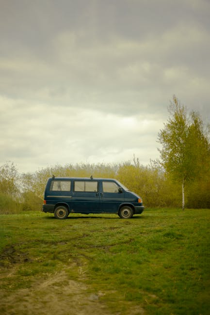 A dark blue van parked on a grassy field during daytime, with a cloudy sky overhead. The vehicle is positioned parallel to the horizon, with its side facing the camera, and appears to be part of a house removal or moving process. In the background, there are sparse trees and bushes, with some trees showing early signs of leaf growth. The ground around the van is uneven, with patches of short grass and bare soil, indicating an outdoor setting suitable for loading or unloading furniture and boxes. This scene exemplifies a typical transport arrangement used by Man with Van Blackheath during home relocation activities, involving careful vehicle positioning on accessible terrain for efficient furniture transport and packing logistics.
