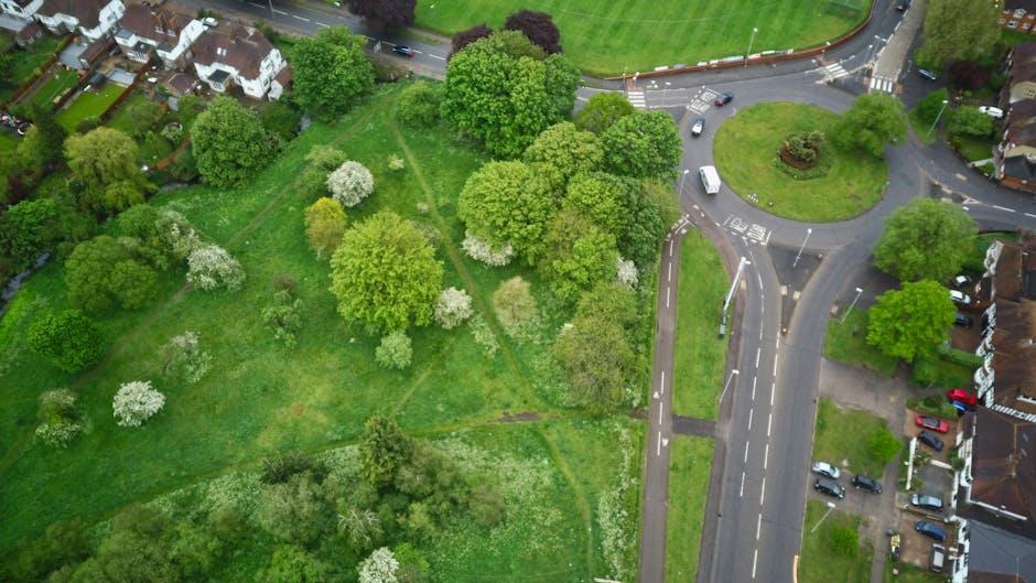 Aerial view of a residential area featuring a large green park with various trees and grass patches, surrounded by houses with red brick and white exteriors. The park is adjacent to a road with a roundabout, where several cars are waiting or moving through, and pedestrian crossings are visible. Inside the park, there are pathways for walking and possibly a few small benches. The scene captures a typical suburban environment used for house removals or moving logistics, with the greenery providing a buffer to the busy streets. The image is well-lit with natural daylight, highlighting the contrast between the lush green space and the surrounding urban features. This setting illustrates the outdoor environment often involved in home relocation processes, including the transportation of furniture and packing materials. Man with Van Blackheath frequently manages moves that pass through such residential and park areas, ensuring smooth loading and unloading within this neighborhood context.